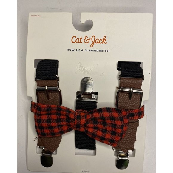 Cat & Jack Boys’ Bow Tie and Suspenders Set Black Red Buffalo Plaid Brown - Picture 1 of 8